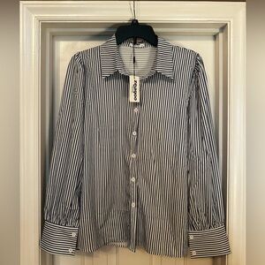 Navy & White Striped Womens Button Down Blouse